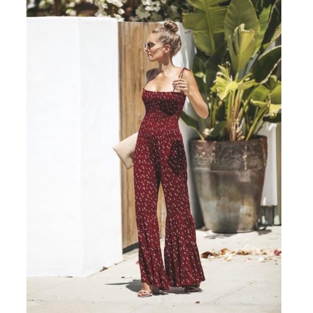 Vici Xenia Red Floral Smocked Bell Bottom Jumpsuit